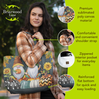 Briarwood Lane Fall Gnomes Canvas Tote Bag with polka dots, pumpkins, and stripes pattern.