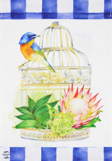 Briarwood Lane Birdcage Spring Burlap Garden Flag with colorful bird, flowers, and decorative cage design.