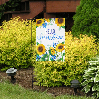 Briarwood Lane Hello Sunshine small printed garden flag with colorful sunflowers and blue flowers on display.