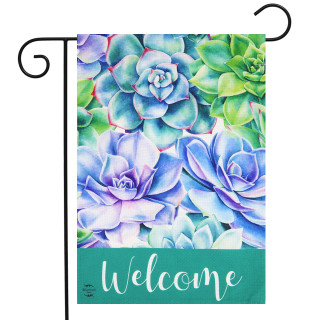 Briarwood Lane small printed garden flag with colorful succulents and 'Welcome' for springtime porch display.