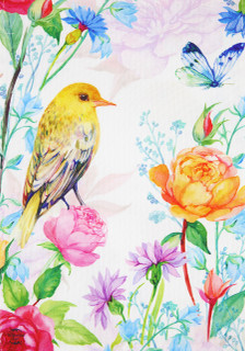 Briarwood Lane small spring burlap garden flag with colorful bird, flowers, and butterfly print design.