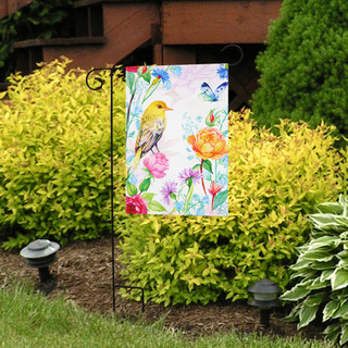 Briarwood Lane small printed garden flag with colorful springtime birds and flowers on burlap material outdoors.