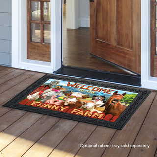 Briarwood Lane Funny Farm Summer Doormat with colorful farm animals and welcome text on wooden porch.