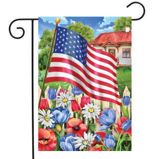 Briarwood Lane Americana Garden Flag with patriotic American flag and flowers in red, white, and blue.
