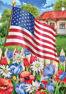 Briarwood Lane Americana Garden Flag with stars and stripes, red, white, and blue flowers.
