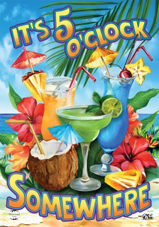 Briarwood Lane 5 O'Clock Cocktails garden flag with colorful drinks and umbrellas on sandy shore.