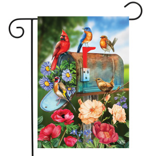 Briarwood Lane small printed spring garden flag with colorful birds and flowers on mailbox display.