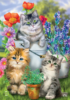 Briarwood Lane Garden Cats Spring Garden Flag with colorful kittens and flowers on small printed fabric.