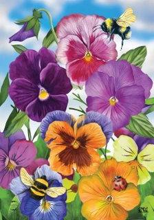 Colorful printed Pansies Seasonal Garden Flag with vibrant flowers and insects on Briarwood Lane design.