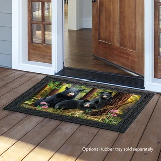 Briarwood Lane Black Bear Family Nature Doormat with colorful forest design and black border.