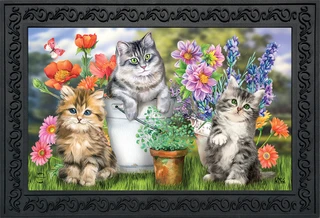 Briarwood Lane Garden Cats Spring Doormat with colorful flowers and three adorable cats design.