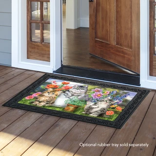 Briarwood Lane Garden Cats Spring Doormat with colorful flowers and cats on wooden porch floor.