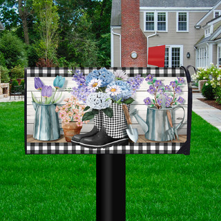Briarwood Lane Checkered Garden Boots Spring Mailbox Cover with colorful floral design on black and white background.