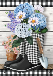 Briarwood Lane Checkered Garden Boots Spring House Flag with flowers and gardening tools illustration.