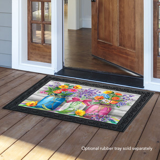 Briarwood Lane Spring Floral Jars Rustic Doormat with colorful flowers and black border on wooden porch.