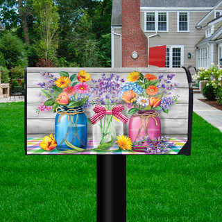 Briarwood Lane Spring Floral Jars Rustic Mailbox Cover with colorful flowers and mason jars design.