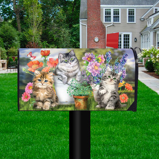 Briarwood Lane Garden Cats Spring Mailbox Cover with colorful floral design and three adorable kittens.
