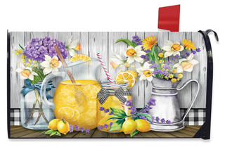 Briarwood Lane Lemonade Summer Mailbox Cover with colorful floral and lemonade design on white background.
