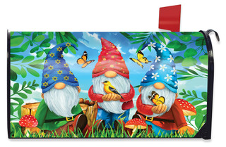 Briarwood Lane Gnome Sweet Gnome Spring Mailbox Cover with colorful garden gnomes and floral design.