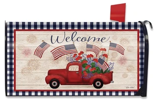 Briarwood Lane Stars And Stripes Truck Patriotic Mailbox Cover with red truck and American flags.