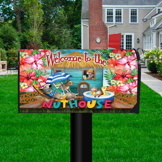 Briarwood Lane Summer Nuthouse Humor colorful mailbox cover with floral design and playful squirrel scene.