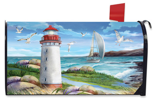 Briarwood Lane Coastal Lighthouse Summer Mailbox Cover with sailboat and seagulls on a serene coastal scene.