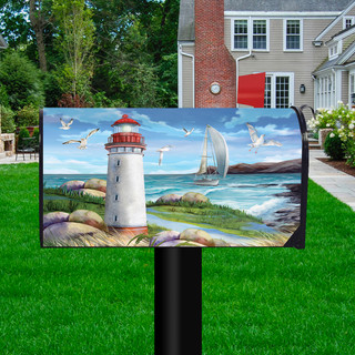 Briarwood Lane Coastal Lighthouse Summer Mailbox Cover with colorful lighthouse scene on green lawn outdoors.