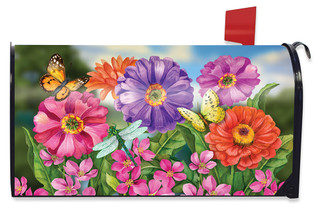 Briarwood Lane Zinnias In Bloom colorful spring mailbox cover with butterflies and dragonflies on vibrant flowers.
