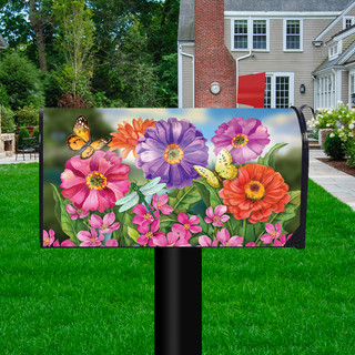 Briarwood Lane Zinnias In Bloom Spring Mailbox Cover with colorful flowers and butterflies design.