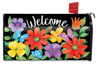 Briarwood Lane Whimsy Flowers Spring Mailbox Cover with colorful floral design and Welcome text on black background.