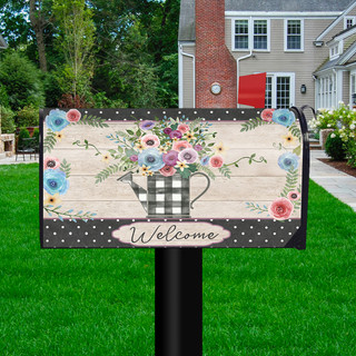 Briarwood Lane Buffalo Check Watering Can Mailbox Cover with colorful flowers and welcome message.