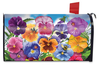 Briarwood Lane Pansies Spring Mailbox Cover with colorful pansy flowers on a blue background.