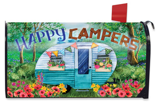 Briarwood Lane Spring Happy Campers Floral Mailbox Cover with colorful camper and flower design.