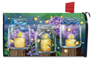 Briarwood Lane Fireflies Spring Mailbox Cover with candles, fireflies, and purple flowers in glass jars.