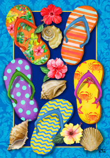 Briarwood Lane Paradise Flip Flops colorful summer house flag with seashells and flowers design.