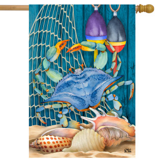 Briarwood Lane Crab Walk Summer House Flag with colorful crab, shells, and buoys on beach scene.
