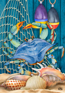 Briarwood Lane Crab Walk Summer House Flag with colorful crab, shells, and buoys on sandy beach.