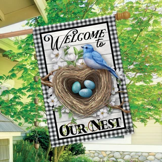 Briarwood Lane Welcome To Our Nest house flag with blue bird and heart shaped nest design.