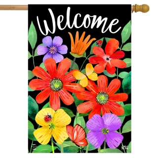 Briarwood Lane Whimsy Flowers Spring House Flag with colorful blooms and Welcome text on black background.