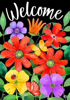 Briarwood Lane Whimsy Flowers Spring House Flag with colorful blooms and Welcome text on black background.