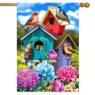 Briarwood Lane Colorful Birdhouses Spring House Flag with vibrant flowers and birds on a garden background.