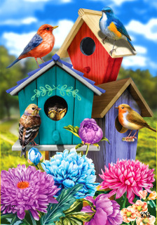 Briarwood Lane Colorful Birdhouses Spring House Flag with vibrant flowers and birds on a garden background.