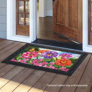 Briarwood Lane Zinnias In Bloom colorful spring floral doormat with black border on wooden porch floor.
