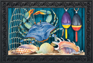 Briarwood Lane Crab Walk Summer Doormat with crab, shells, and fishing floats design on blue background.