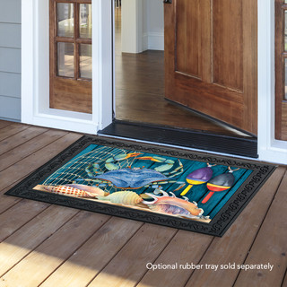 Briarwood Lane Crab Walk Summer Doormat with crab and seashells design on wooden porch floor.