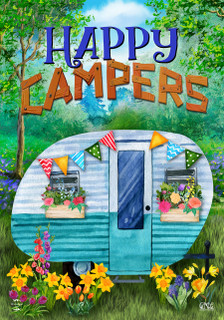 Briarwood Lane Spring Happy Campers floral garden flag with colorful camper and flowers on small decorative flag.