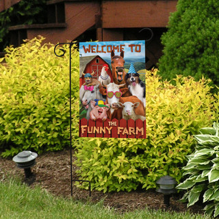 Briarwood Lane Funny Farm summer garden flag with colorful animals on a small printed decorative sign.
