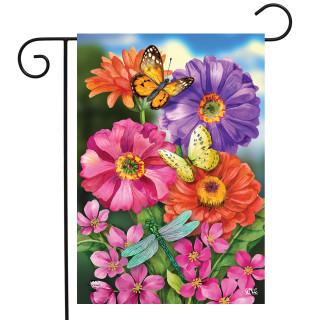 Briarwood Lane small printed garden flag with colorful zinnias and insects for spring and summer decor.