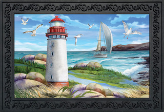 Briarwood Lane Coastal Lighthouse Nautical Doormat with sailboat and seagulls on a scenic coastal background.