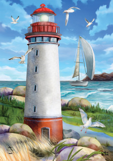 Briarwood Lane Coastal Lighthouse Garden Flag with sailboat, seagulls, and sun by the ocean shore.